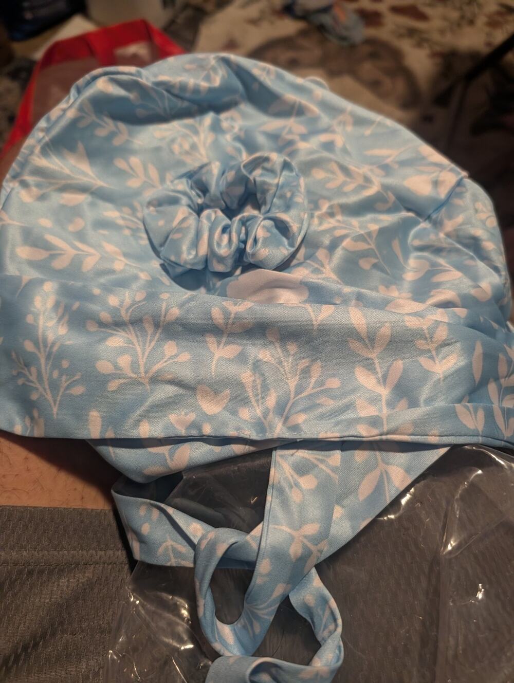 3pc Light Blue Satin Hair Bonnet & Scrunchie Set - Spa Headband